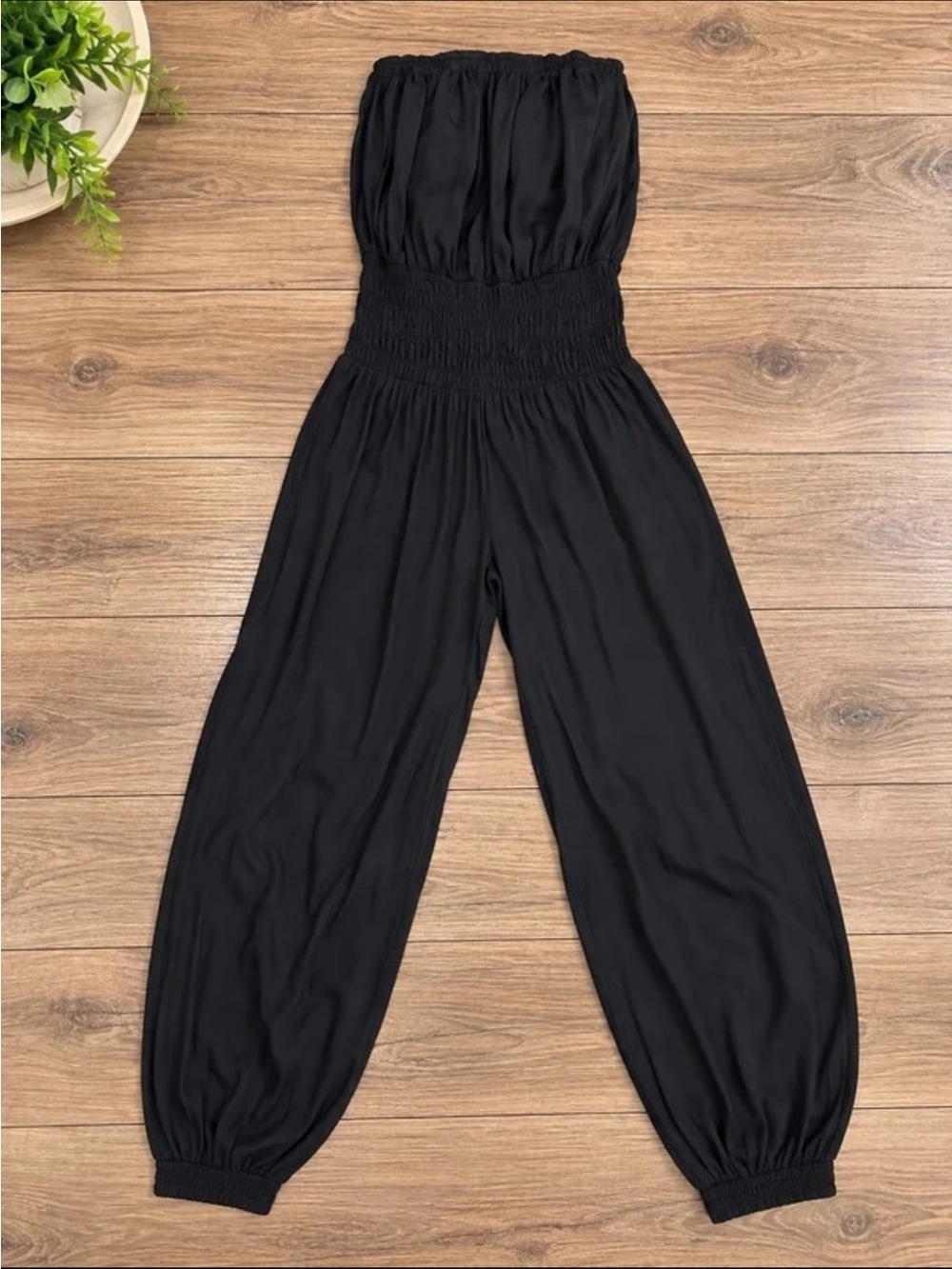 Black Smocked Strapless Jumpsuit